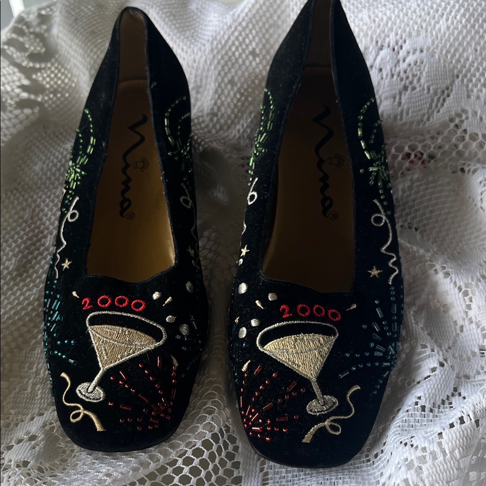 Nina Vintage 2000’s New Years Eve Black Embroidered Celebration Flats